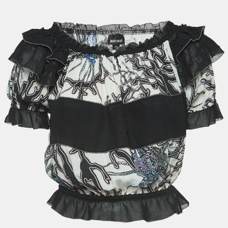 Just Cavalli White/black Printed Crepe Ruffled Off-Shoulder Crop Top