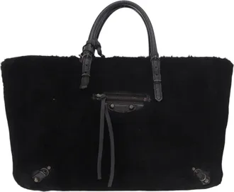 Balenciaga Papier A4 Classic Studs Shearling Black Fur Handbag (Pre-Owned)
