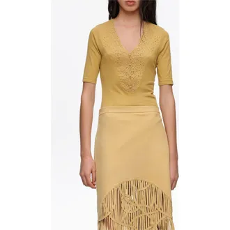 Bimba & Lola Embroidered V-Neck Bodysuit in Mustard at Nordstrom, Size Medium