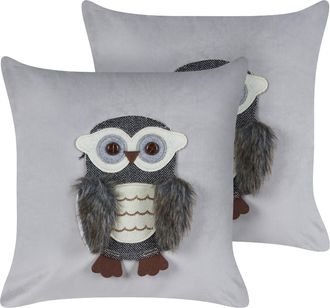 Beliani Beliani - Conjunto De 2 Cojines De Terciopelo Motivo B&uacute;ho 45 X 45 Cm Fundas Extra&iacute;bles Con Relleno Gris Ophrys
