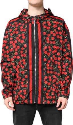 Dolce & Gabbana Mens Black Cherry Print Hooded Windbreaker Jacket And Red Polyester Clothing