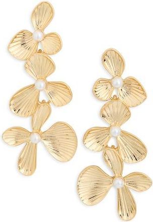 Nordstrom Rack Flower Faux Pearl Triple Drop Earrings in White- Gold at Nordstrom Rack