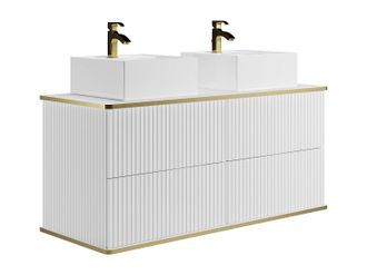 Vente-Unique Mueble de ba&ntilde;o suspendido estriado con ribete dorado y doble lavabo sobre encimera - blanco - 120 cm - KELIZA