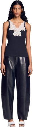 Sandro Ribbed vest top with lace in Black at Nordstrom, Size X-Large