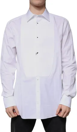 Dolce & Gabbana Mens White Bib Cotton Poplin Gold Formal Shirt