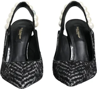 Dolce & Gabbana White Black Chevron Faux Pearl Slingback Womens Shoes (Pre-Owned)