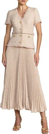 Mac Duggal Buttoned Boucl&eacute; Pleated Midi Dress in Blush at Nordstrom, Size 12
