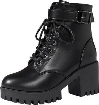Generic Womens Chunky Heel Ankle Boots - Faux Leather Lace-Up Platform Boots with Side Zipper and Adjustable Buckle Strap, Anti-Slip Sole and Cushioned Insole