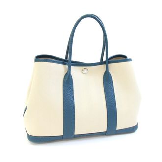 Herm&egrave;s Beige Blue Toile Chevron Handbag Tote Bag (Pre-Owned)