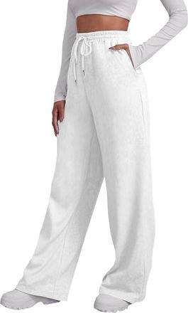 Generic AMDOLE Wide Leg Trousers for Women UK Wide Leg Sweatpants Cozy Fleece Casual Jogger Pants Straight Leg Baggy Elastic High Waisted Sport Yoga Pants Pla