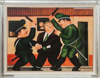 Biscottini International Biscottini - Leo Sobre La Tela De Madera Enmarcado Con Efecto Hoja De Plata Guardie Botero 140