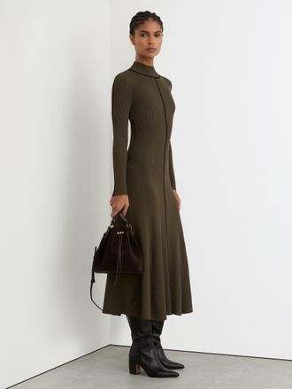 Reiss Polly Khaki Green Petite Contrast-stitch Knitted Midi Dress, XS