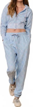 LoveShackFancy Arienne Cropped Bow Print Hoodie In Chilled Blue