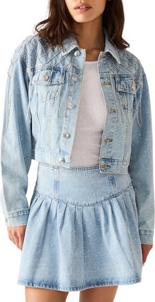 Steve Madden Diamondine Rhinestone Fringe Denim Jacket in Delft Blue at Nordstrom, Size X-Small