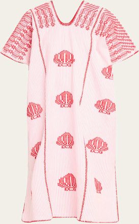 Pippa Holt Three-Panel Midi Kaftan in White and Pink Stripe with Red Shells Design