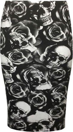 Generic Unbranded New Women Printed Midi Bodycon Pencil Skirt Ladies High Waist Tube Skirt Fancy Dress (M/L (UK 12-14), Skull Rose)
