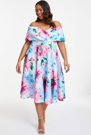Quiz Womens Plus Size Scuba Floral Bardot Skater Midi Dress