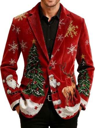 Generic Mens Christmas Blazer Corduroy Jacket Ugly Christmas Blazer Jackets Xmas Festive Costume Slim Fit Single-Breasted Suit Jacket Novelty Xmas Tuxedo Holi