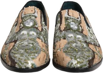 Dolce & Gabbana Mens Beige Sequin Embroidery Dress Loafers Shoes Leather