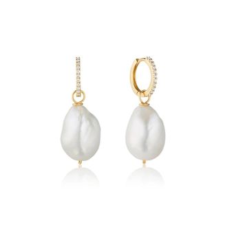 Lily & Roo Gold Diamond Style Slim Baroque Pearl Drop Huggie Hoop Earrings