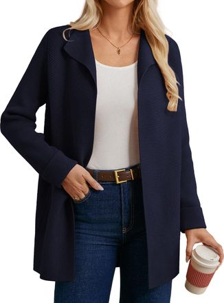 Grace Karin Ladies Knitted Long Sweater Jacket with Large Lapel Open Front Mid Length Cardigan Navy Blue XXL
