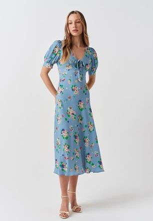Ghost London Dorothy Tie V-Neck Crepe Midi Dress in Blue Floral at Nordstrom, Size 12