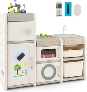 Costway Costway - Organizador De Juguetes Para Ni&ntilde;os, Estanter&iacute;a Infantil Para Juguetes Con Pizarra Magn&eacute;tica, Fregadero, Grifo Desmontables, Ba&uacute;l De Juguetes