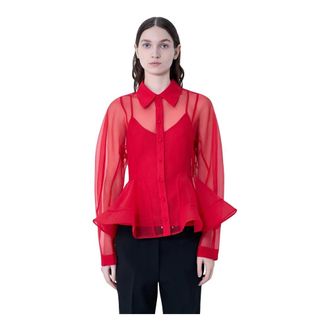Ganni Camisa de organza texturizada con p&eacute;plum - Blouses & Shirts - Mujer - Rojo - S