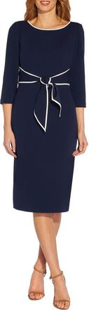 Adrianna Papell Tipped Three-Quarter Sleeve Crepe Dress in Navy Sateen/ivory at Nordstrom, Size 18
