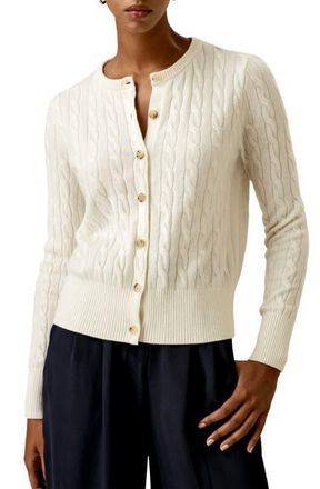 LilySilk Cable-Knit Cashmere Crewneck Cardigan in White at Nordstrom, Size X-Large