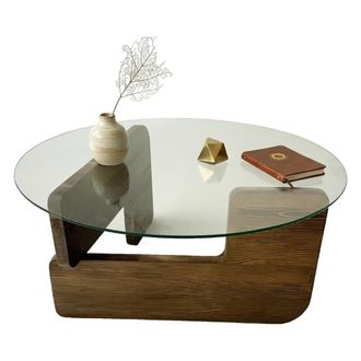 Dmora Mesa De Caf&eacute; Cornalba, Cristal Templado, Redonda, Estructura Color Nogal, 75x75x35h Cm Marr&oacute;n Nogal