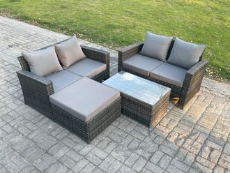 Fimous Wicker Rattan Garden Furniture Sofa Set with Coffee Table Double Seat Sofa Big Footstool 5 Seater Outdoor Rattan Set in Dark Grey