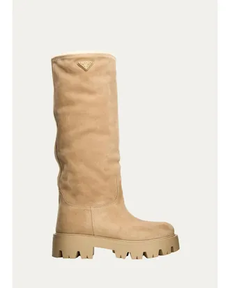 Prada 50mm Stride Suede Knee-High Boots