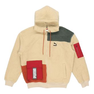 Puma Retro Block Sherpa Full-Zip Hoodie Beige Red Green 530711-12