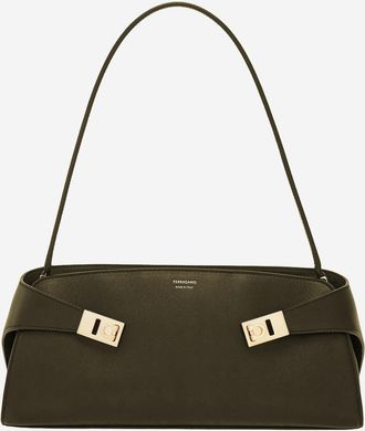 Ferragamo Womens Shoulder Bag Hug East-West Olive Green Leather
