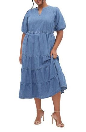 City Chic August Tiered Midi Dress in Light Wash at Nordstrom Rack, Size 24W