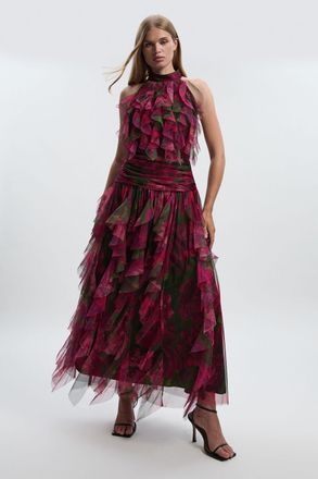 Karen Millen Womens Rose Floral Tulle Halter Neck Woven Maxi Dress - Size 12 UK
