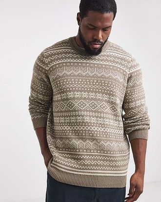 Jacamo Knitted Fairisle Crew Neck Jumper