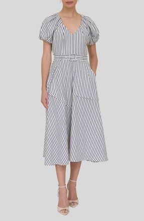 ZOE AND CLAIRE Stripe Puff Sleeve Flare Midi Dress in Navy Stripe at Nordstrom, Size X-Small