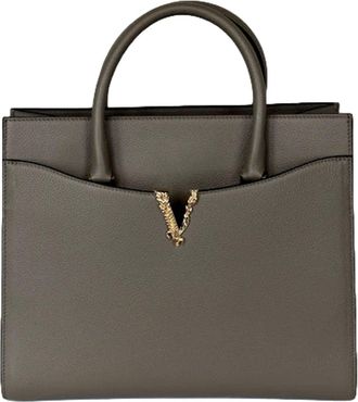 Versace Womens Virtus Calfskin Leather Medium Top Handle Tote Bag In Taupe Grey