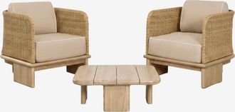 Sklum Conjunto De Jard&iacute;n Con 2 Sillones Y Mesa De Centro Cuadrada 70x70 Cm En Rat&aacute;n Y Madera De Acacia Famara Sklum