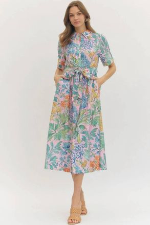 Entro Puff Sleeve Midi Dress With Tie Waist In Pink Floral