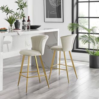 Furniturebox Set of 2 Juniper Soft Touch Velvet Fluted Art Deco Counter Stools With Gold Chrome Metal Legs in Beige