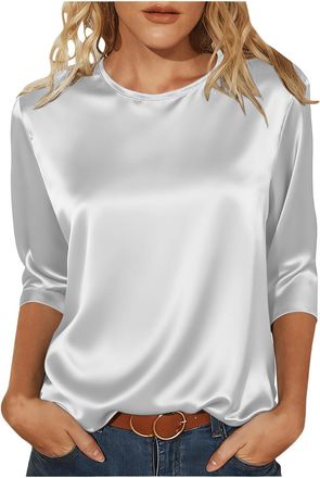 Generic Satin Tops for Women Elegant Going Out Tops Crew Neck 3/4 Sleeve Silk Blouse Ladies Tshirts Shiny Baggy Fashion Tunic Top Casaul Loose Party Business 