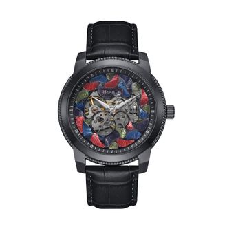 Heritor Mens Emmanuel Semi-Skeleton Leather-Band Watch - Black Stainless Steel - One Size