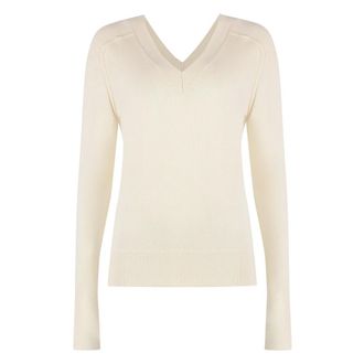 Calvin Klein V-neck Knitwear, female, Beige, Size: S Wool V-neck Sweater