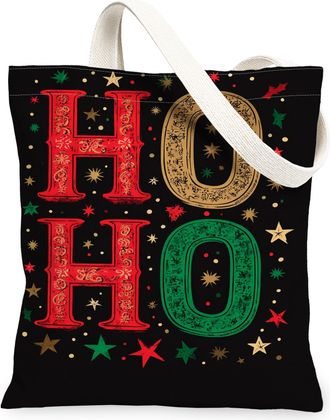 Generic Christmas Ho Ho Stars Canvas Tote Bags, Holiday Decorative Pattern Reusable Grocery Bags, Lightweight Washable Shoulder Str, Black, 13x15 Inch