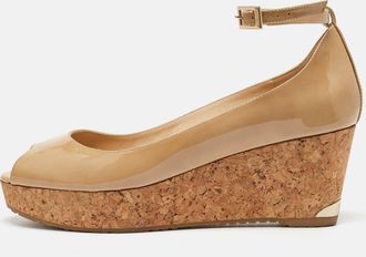 Jimmy Choo London Beige Patent Leather Wedge Platform Ankle Strap Pumps