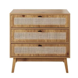 Calicosy 3-Drawer Chest With Rattan Fronts & Wooden Legs, 80 Cm Wide - ALIA in Light Brown