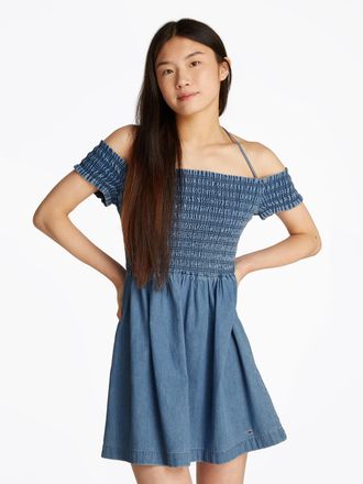 Tommy Jeans Midikleid TOMMY JEANS TJW CHAMBRAY FIT & FLARE DRESS, Damen, Gr. XL (42), N-Gr, blau (denim medium), Web, Obermaterial: 100% Baumwolle, unifarben, aus